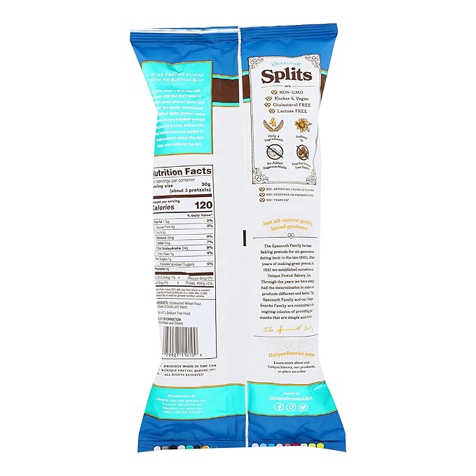 Unique Snacks- Unsalted Splits Pretzels, Homestyle Baked, Certified OU Kosher and non-GMO, 11 oz
