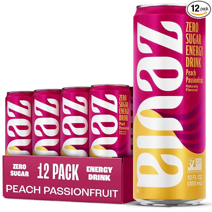 Zevia Zero Sugar Energy Drink, Peach Passionfruit, 12 oz Cans (12-Pack) – Naturally Sweetened