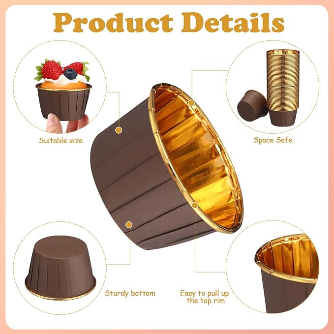 300 Pack Brown Gold Cupcake Cups Bulk Disposable Foil Muffin Liners 3.5 oz Wrappers for Baking