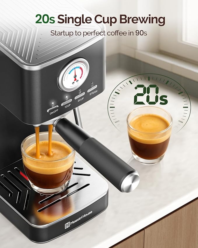 Maestri House Espresso Machine, 20 Bar ULKA Pump, Compact Espresso Maker Built-in Flow Meter Steam