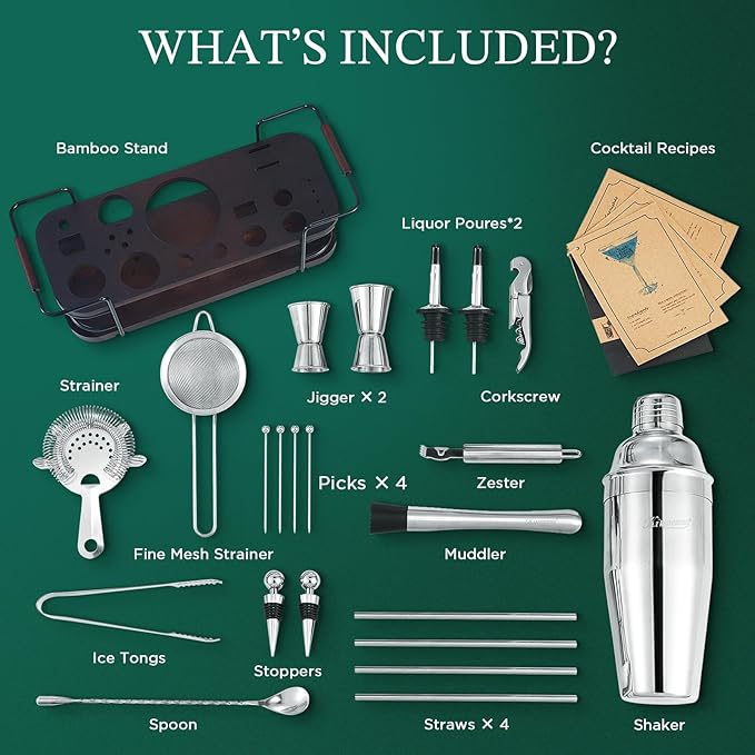 KITESSENSU Cocktail Shaker Set Bartender Kit with Stand | Complete 24-Piece Bar Set Cocktail Kit
