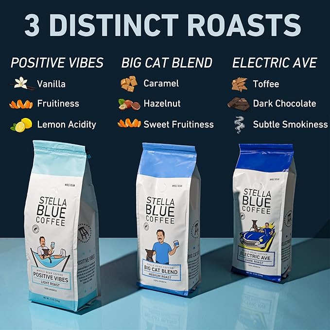 Stella Blue Whole Bean Coffee, Positive Vibes Blend, Light Roast, Vanilla and Fruity Notes, 100%