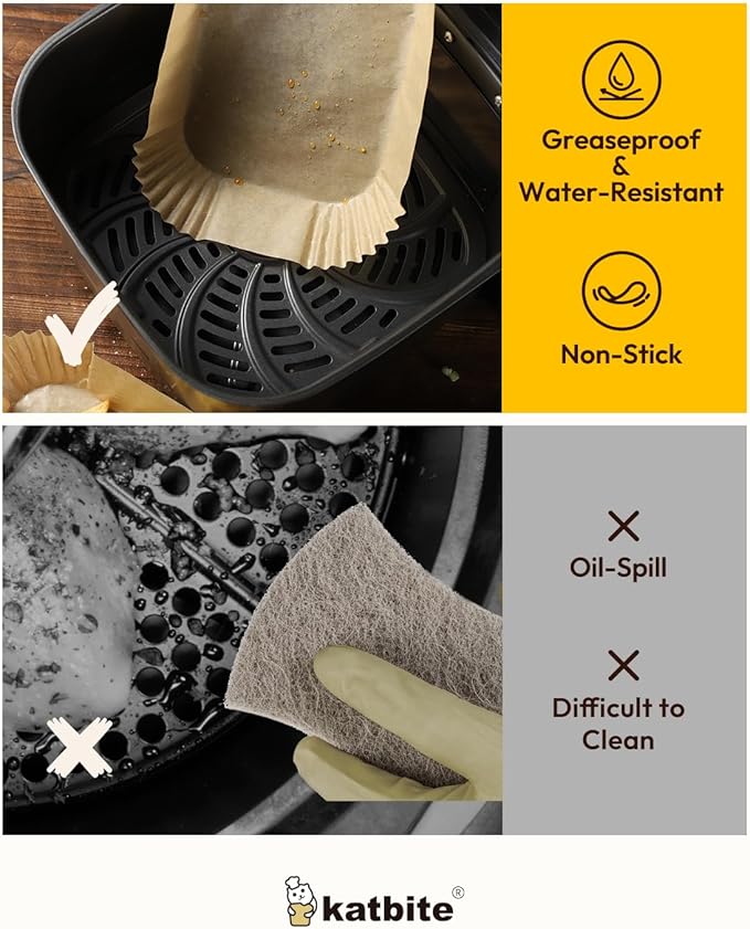 Katbite Air Fryer Liners Disposable - 100PCS, 8x5.5'' Rectangle Liners for Air Fryer Basket, Thick