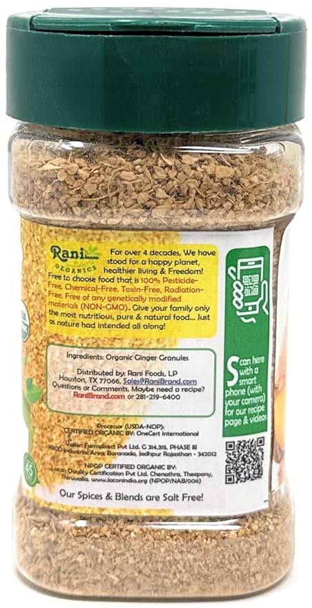 Rani Organic Granulated Ginger (Adarak Granules) 3oz (85g) PET Jar ~ All Natural | Gluten Friendly
