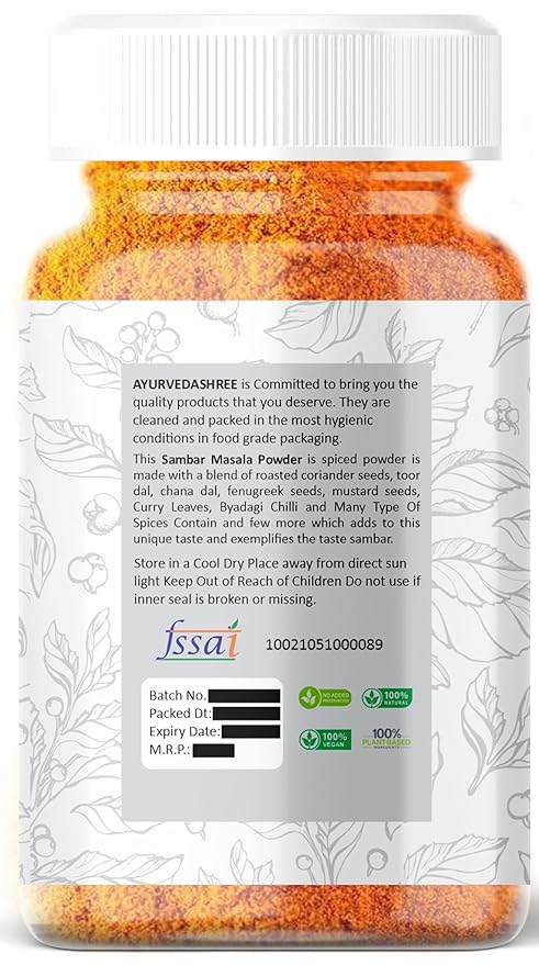 AYURVEDASHREE Sambar Masala (Lentil Soup Spice Blend) 100gm PET Jar | All Natural | Vegan | No