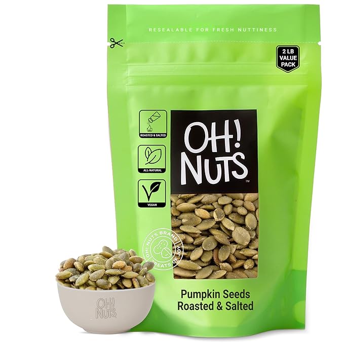 Oh! Nuts Pumpkin Seeds - Dry Roasted Salted - 2 lb - Shelled and Sprouted Pepitas - Packed in New