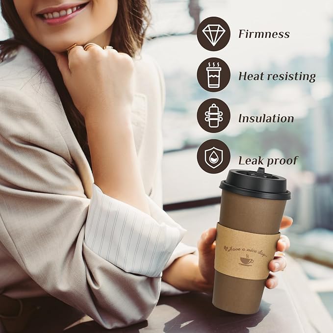LITOPAK 100 Pack 20 oz Paper Coffee Cups, Brown Disposable Coffee Cups with Lids, Sleeves, Sticks