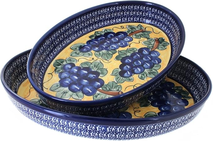 Blue Rose Polish Pottery - Blue Grapes Oval Baker Set - 2 Bakers - Unique, Dishwasher Safe, &