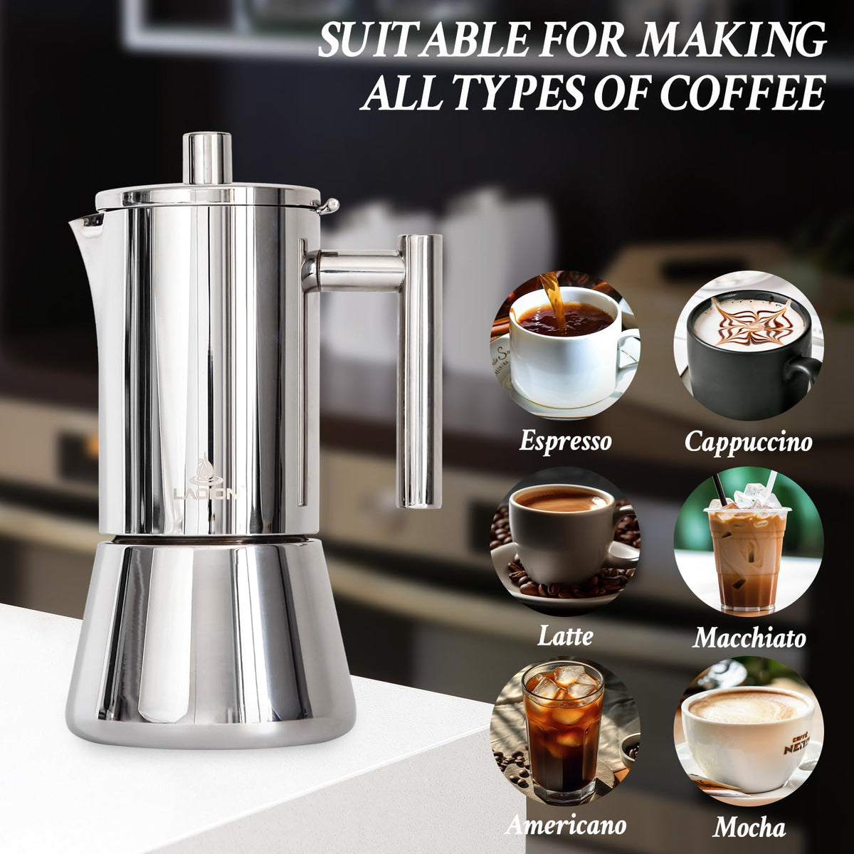 LAOION Stovetop Espresso Maker, 6Cup 10 oz Moka Pot, Stainless Steel