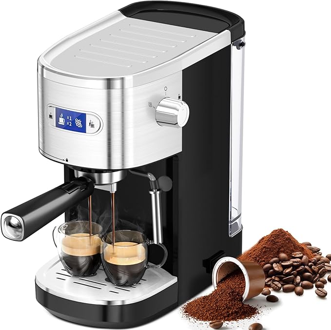 Espresso Machine 20 Bar, Professional Compact Stainless Steel Coffee Maker with LCD Display, Steam