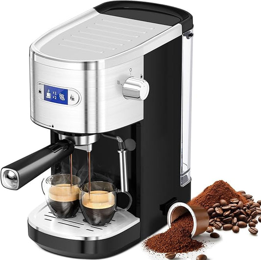 Espresso Machine 20 Bar, Professional Compact Stainless Steel Coffee Maker with LCD Display, Steam