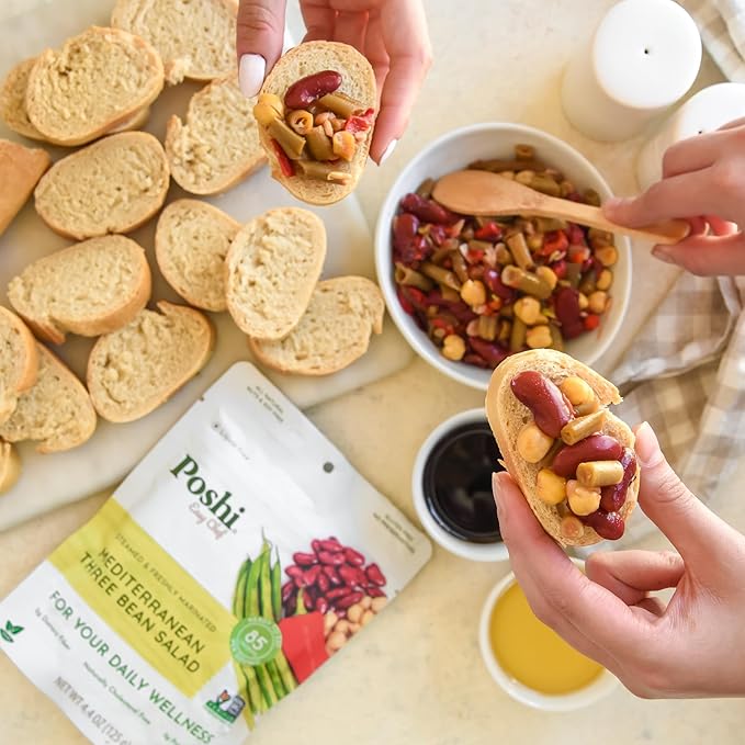 POSHI Mediterranean Three Bean Salad Natural, Keto, Vegan, Non GMO, Low Carb + Calorie, Gluten