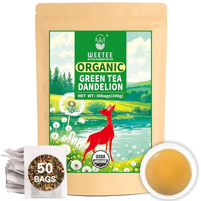 WT WEETEE Organic Green Tea Dandelion, Made of Organic Roasted Dandelion Root and Green Tea, 50 Tea