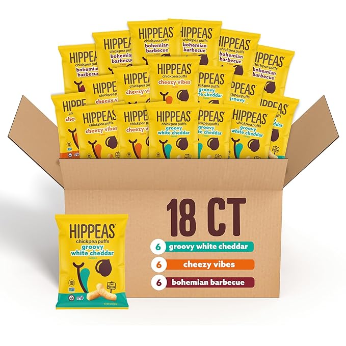 Hippeas Chickpea Puffs, Variety Pack: Vegan White Cheddar, Nacho Vibes, Barbecue, Sriracha, 0.8