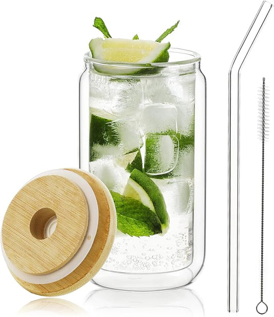 LIBWYS 13.5oz Double Wall Drinking Glass Cup with Bamboo Lid and Straw, 1 Pc Set ??Condensation
