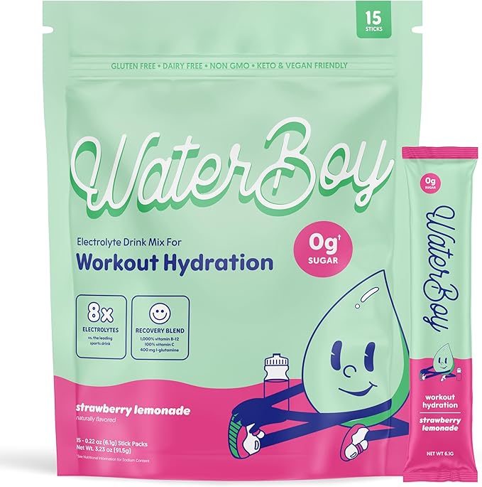 Waterboy Workout Hydration | 2,960mg Sugar Free Electrolyte Powder Packets | L-Glutamine + Vitamins