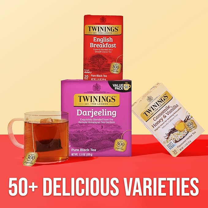 Twinings Darjeeling Black Tea Individually Wrapped Bags, 50 Count (Pack of 6), Delicate Light