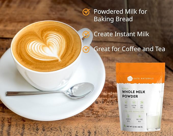 Kate Naturals Dry Whole Milk Powder for Baking, Coffee & Milkshakes (12oz) RBST-Free, Made in USA