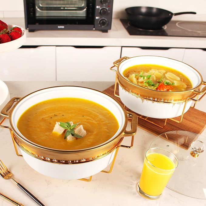 Ceramic Casserole Dish with rack and Glass Lid, 2.2 Qt Round Serving Soup Tureen with Handle