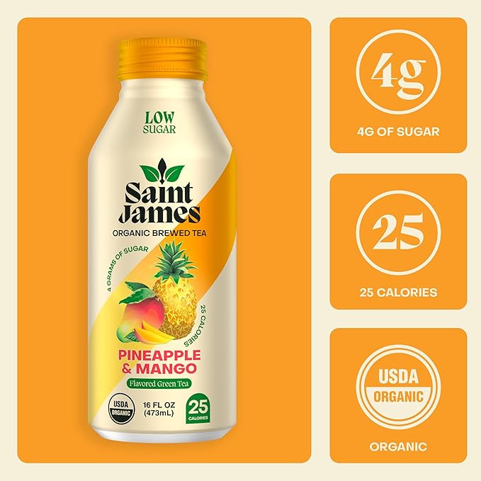 Saint James Iced Tea - Organic Green Tea - Non GMO, Gluten Free, Low Calorie & Low Sugar