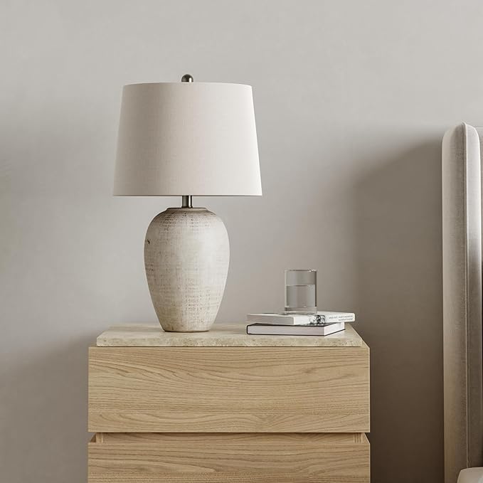 Nourison Home 23" Distressed Cream/Beige Rustic Ceramic Jar Table Lamp for Bedroom, Living Room