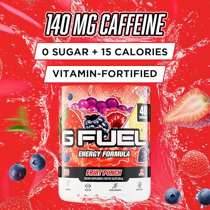G Fuel Fruit Punch Energy Drink Powder, Pre Workout Caffeine Mix for Gaming, Sugar Free Focus