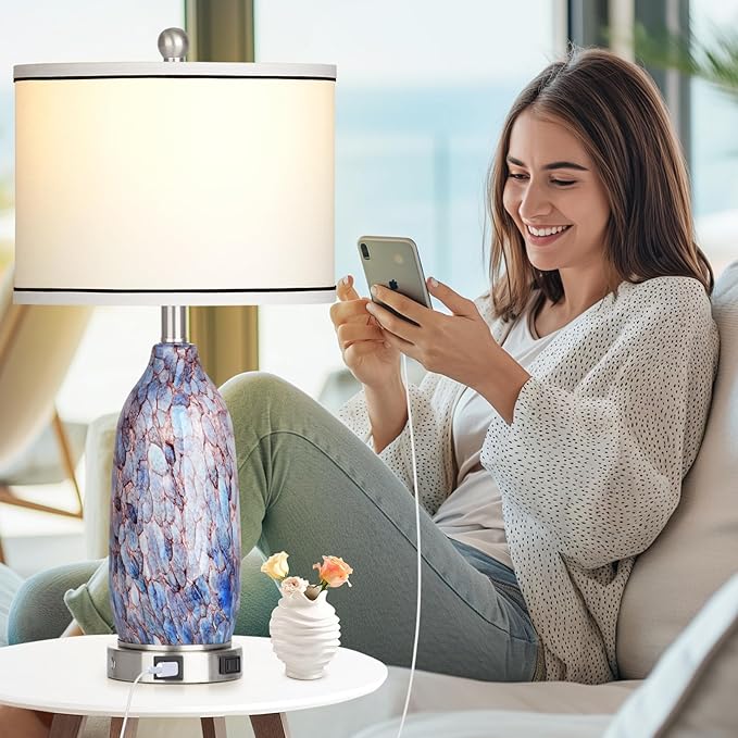 Coastal Lamps with USB A+C Ports & LED Night Light, Unique Seashells Glass Table Lamps with Natural