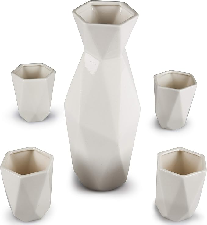 D'Eco 5 Piece Traditional Porcelain Japanese Sake Set, White - 1 Tokkuri Bottle (18 oz) and 4 Ochko