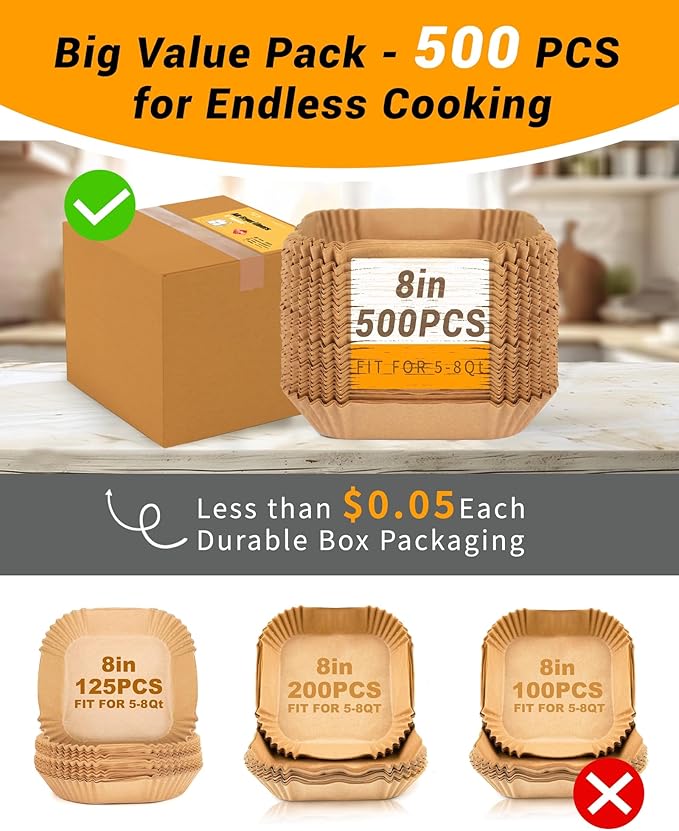 500Pcs Air Fryer Paper Liners, 8??Square Disposable Parchment Paper Liner for 5-8 QT Air Fryer