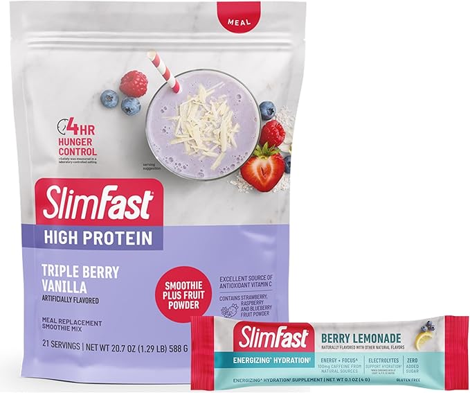 SlimFast High Protein Fruit Powder, Triple Berry Vanilla, Protein Powder Meal Replacement, 21
