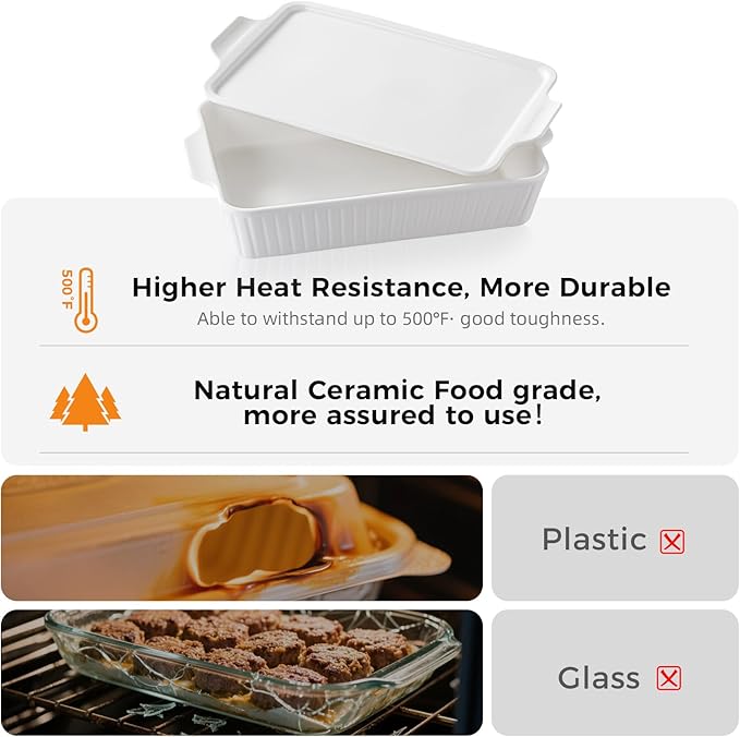 Dizada Large Casserole Dish with Lid, Deep 5.2-Qt (9"x13") 2-in-1 Ceramic Baking Dish with Ceramic