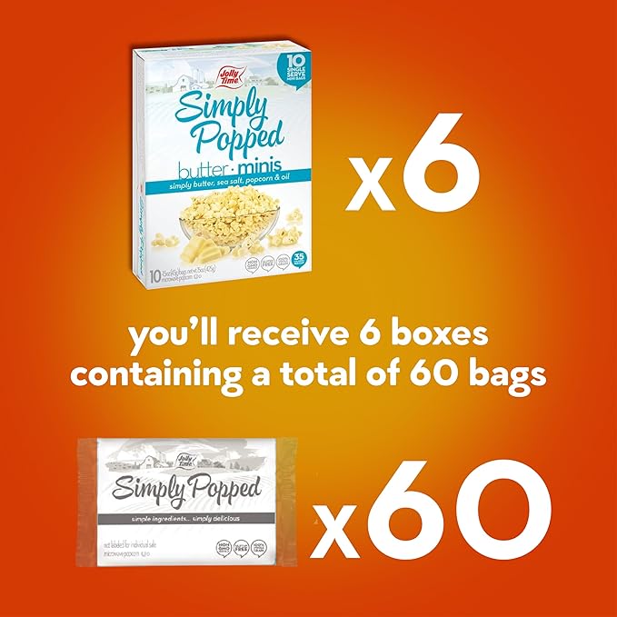 Jolly Time Simply Popped Butter Minis, Lightly Salted Microwave Popcorn, 1.5oz Personal Bag, 10