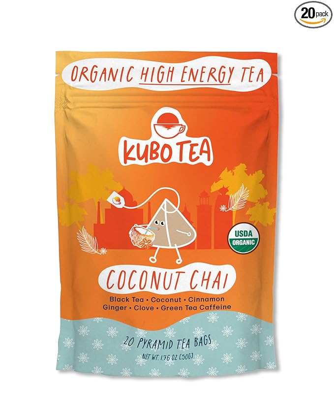 Kubo Tea, Coconut Chai Black Tea, Organic High Caffeine Blend, 20 Servings (155mg Caffeine each)