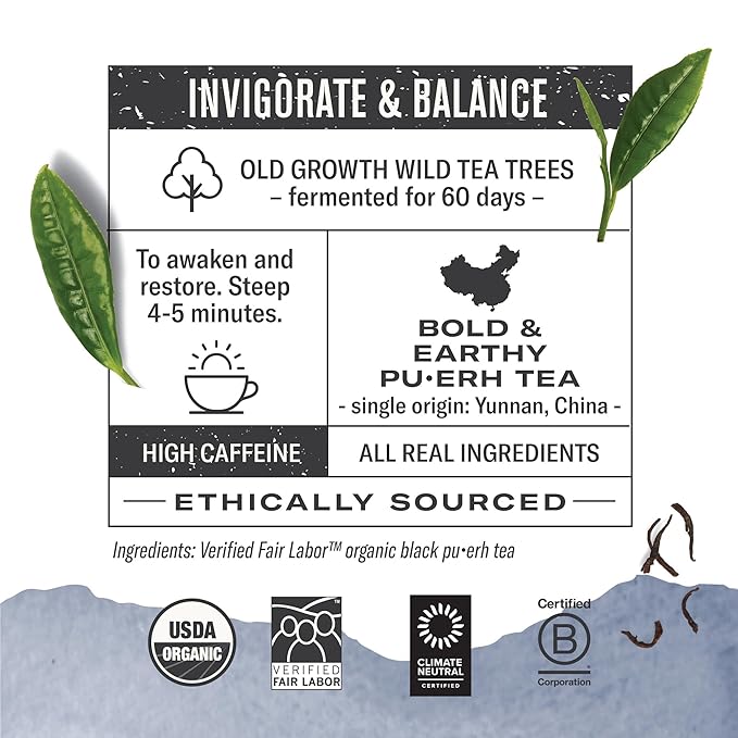 Numi Organic Emperor's Pu-erh Tea, 16 Tea Bags, Aged Fermented Yunnan Black Tea, Caffeinated