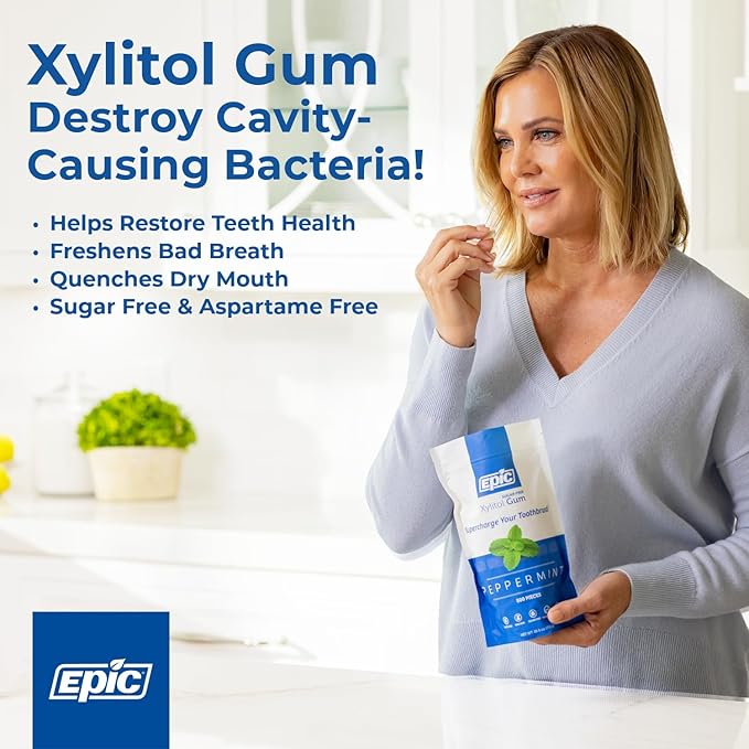 Epic 100% Xylitol Spearmint Chewing Gum - Sugar Free, Aspartame Free Dental Gum - Supports Oral