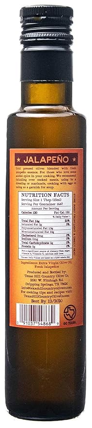 Texas Hill Country Olive Co Jalapeno Infused Olive Oil - Cold Pressed Gourmet EVOO Olive Oil