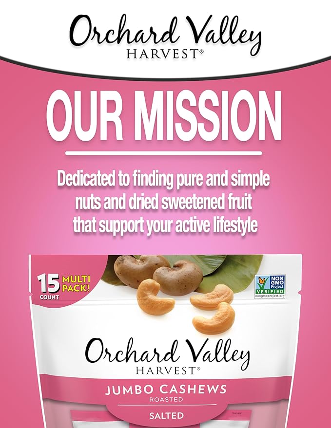 Orchard Valley Harvest Jumbo Cashews, 1 oz Bags (Pack of 15), Whole Roasted Salted Cashews, Gluten