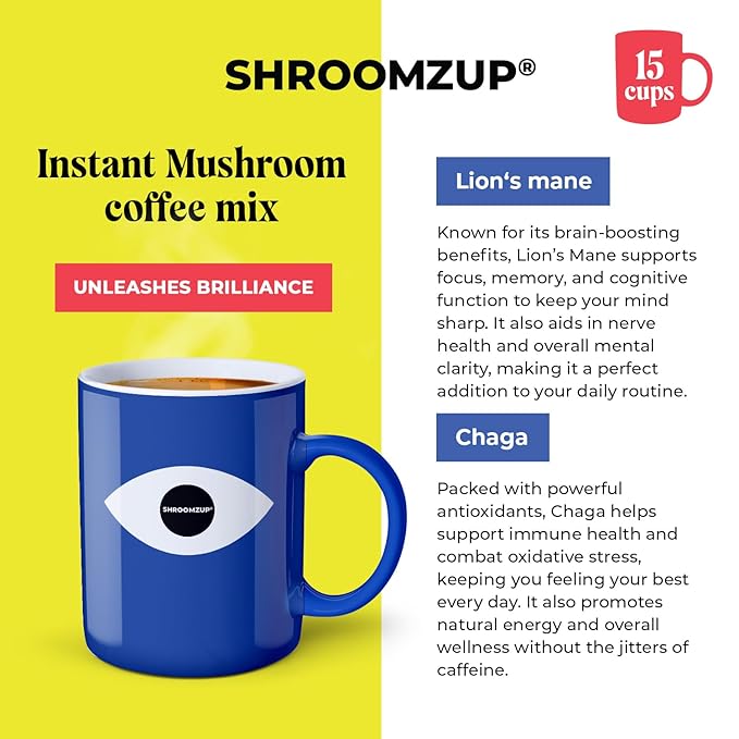 Instant Mushroom Coffee with Lions Mane and Chaga - 15 Pack - Nootropic Superfood Mushroom Coffee