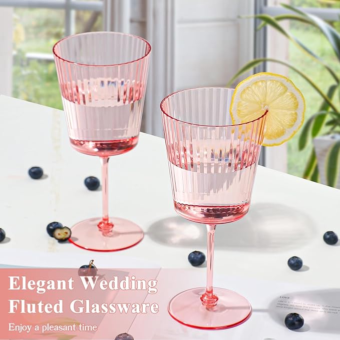 12 PCS Pink Plastic Wine Glasses with Removable Stems 13.5 Oz Pink Ribbed Wine Glasses Square White