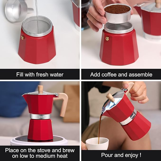 Sivaphe Aluminum Moka Pot 6 Espresso Cups, Percolator Espresso and Coffee Maker, Portable Stovetop