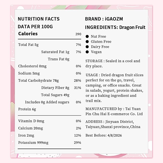 iGAOZM Dried Dragon Fruit,8.8oz/250g,Dragon Fruit Dried,No Sugar added,Soft and Chewy Bulk