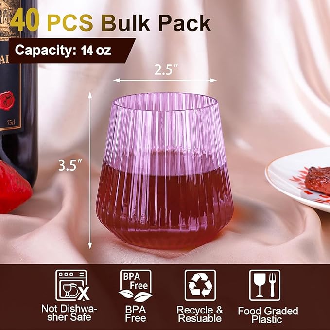 40 Pack Plastic Ribbed Wine Glasses, 14Oz Origami Disposable Wine Glasses Unbreakable Clear Plastic