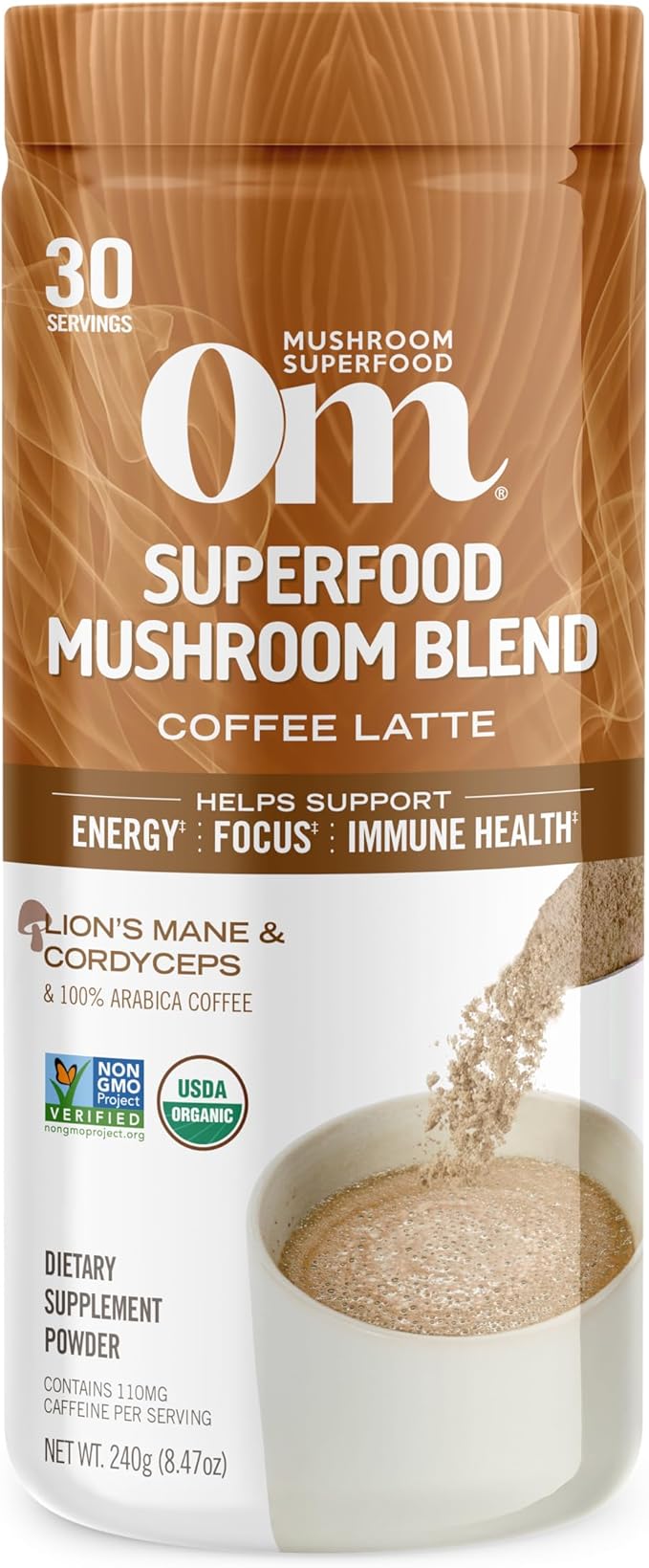 OM MUSHROOM SUPERFOOD Coffee Latte Blend Mushroom Powder, 8.47 Ounce Canister, 30 Servings, Lion's