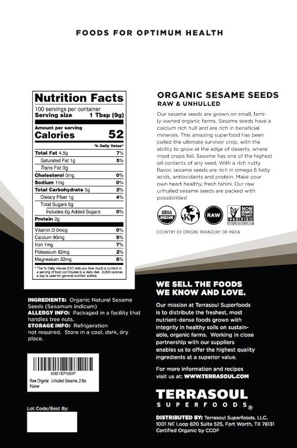 Terrasoul Superfoods Organic Unhulled Sesame Seeds, 6 Lbs (3 Pack) - Gluten Free, Raw, Keto Friendly