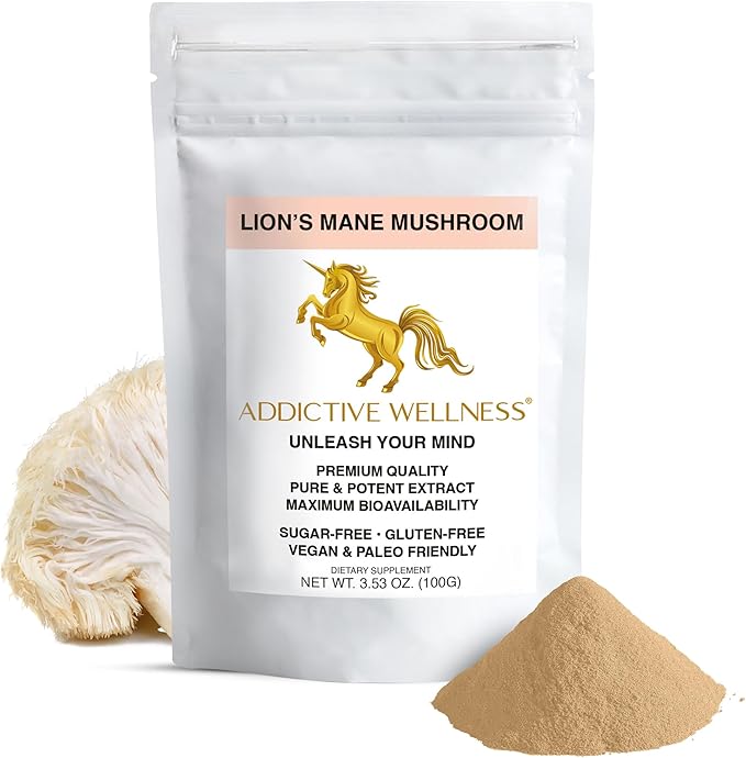 Addictive Wellness Lions Mane Supplement Powder, Premium Quality Lions Mane Mushroom Powder