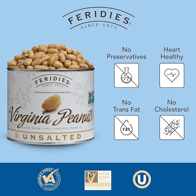 FERIDIES Unsalted Virginia Peanuts Cooked in Pure Peanut Oil, Cholesterol-Free, Ou Kosher, Non-Gmo