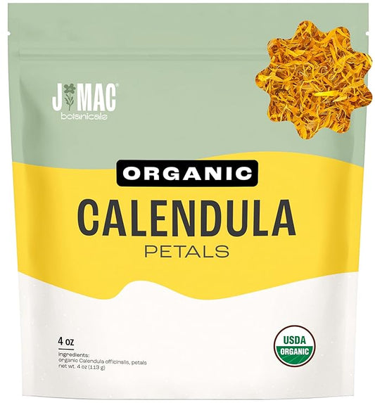 J Mac Botanicals, Organic Calendula Petals (4 oz) edible dried flowers petals, pairs well with