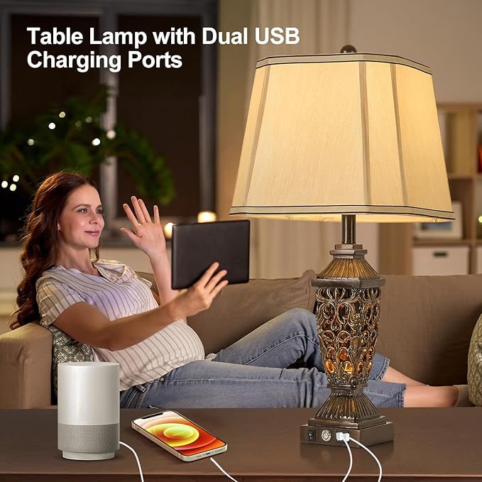 AIDENOEY 27.5“ Farmhouses Table Lamp with USB & USB-C Charging Ports, 3-Color Dimmable & Stepless