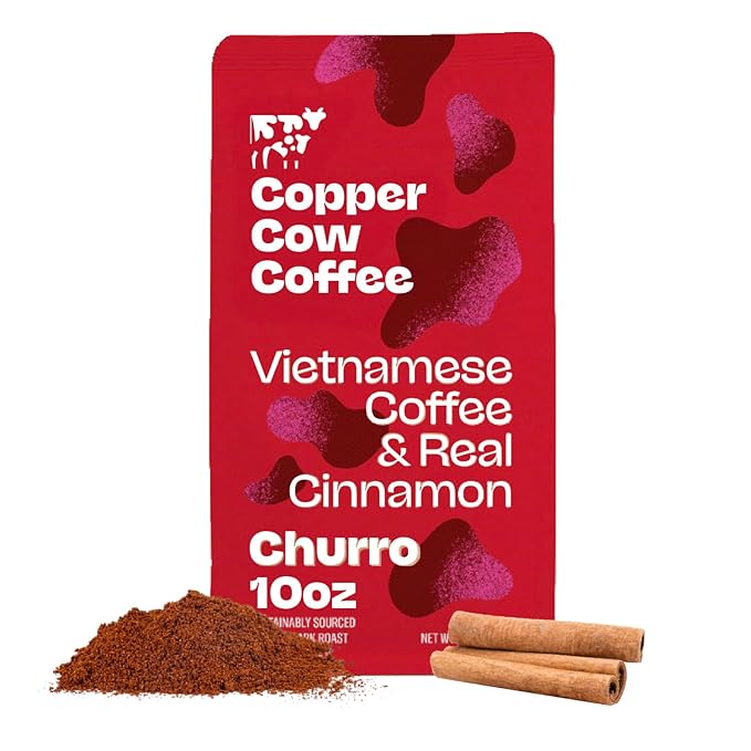 Copper Cow Premium Vietnamese Ground Coffee, 10 OZ | Churro Flavored Coffee | Dark Roast Made with