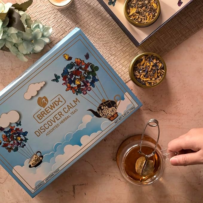 BREWIX, Discover Calm Premium Herbal Tea Christmas Gift Box (3.53oz/50+ Cups) | Tea Gift Sets For